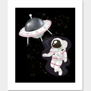 Ufo alien funny cute flying spaceship astronaut moon mars cosmic forest Posters and Art